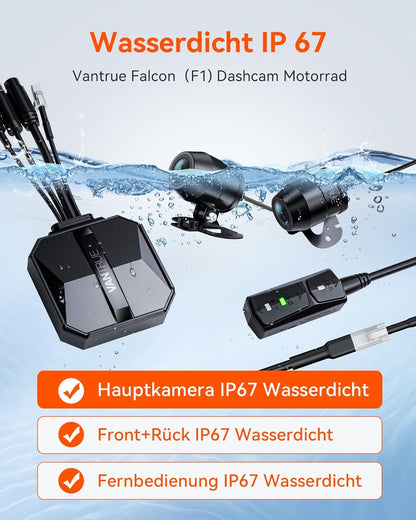 VANTRUE F1 4K + 1080P dashcam motorfiets, 5GHz WiFi GPS dashcam voor en achter, IP67, Duitse stemaanwijzingen motorcamera, 24 uur. Botsingsdetectie, Kilometerstand, WDR & HDR & App, Maximaal 512G
