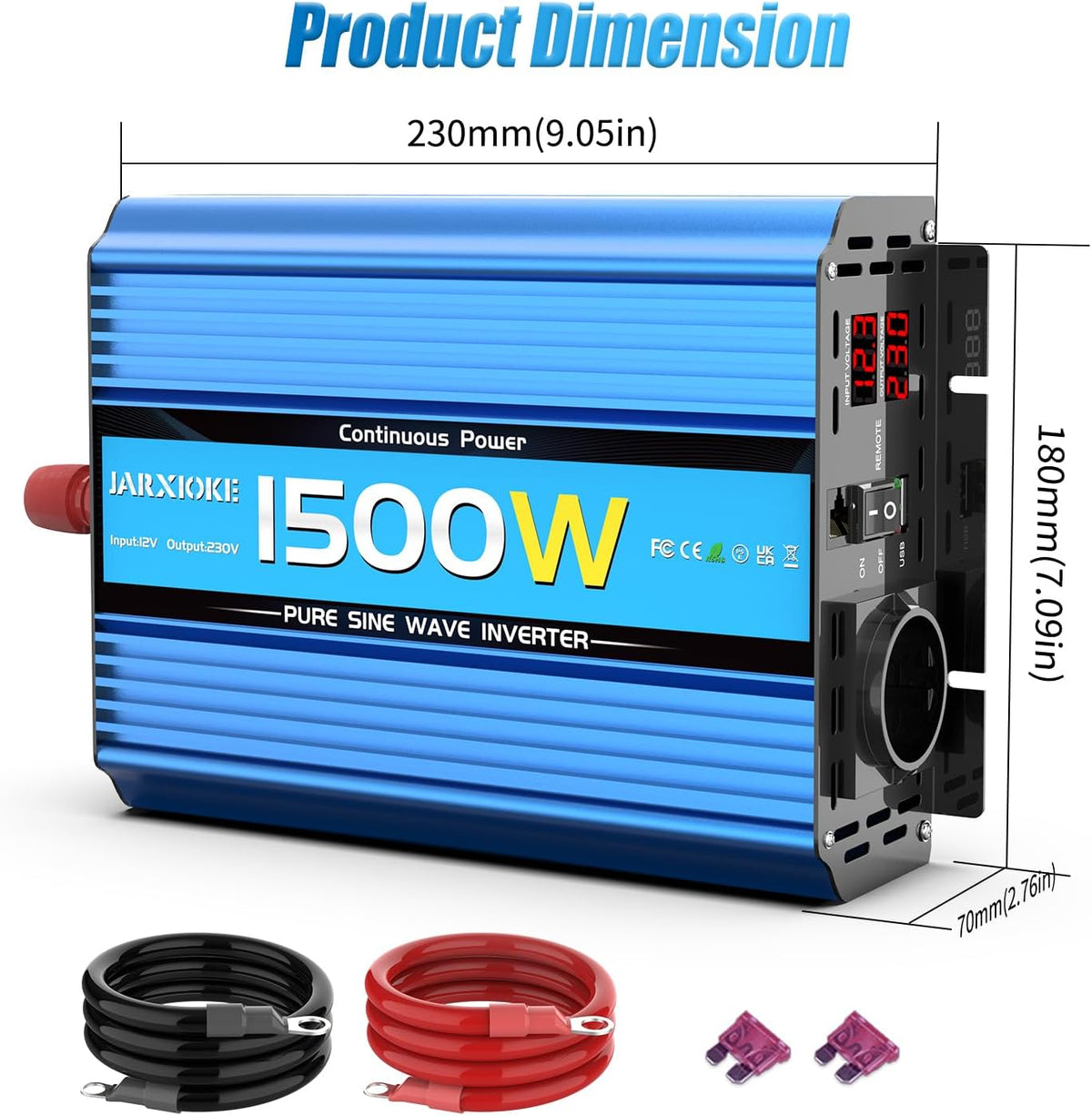 Omvormer Zuivere Sinus 1500W Spanningsomvormer 12v 220v 230v met LED-scherm, EU stopcontacten,USB-poorten Stroomomvormer Piek 3000W