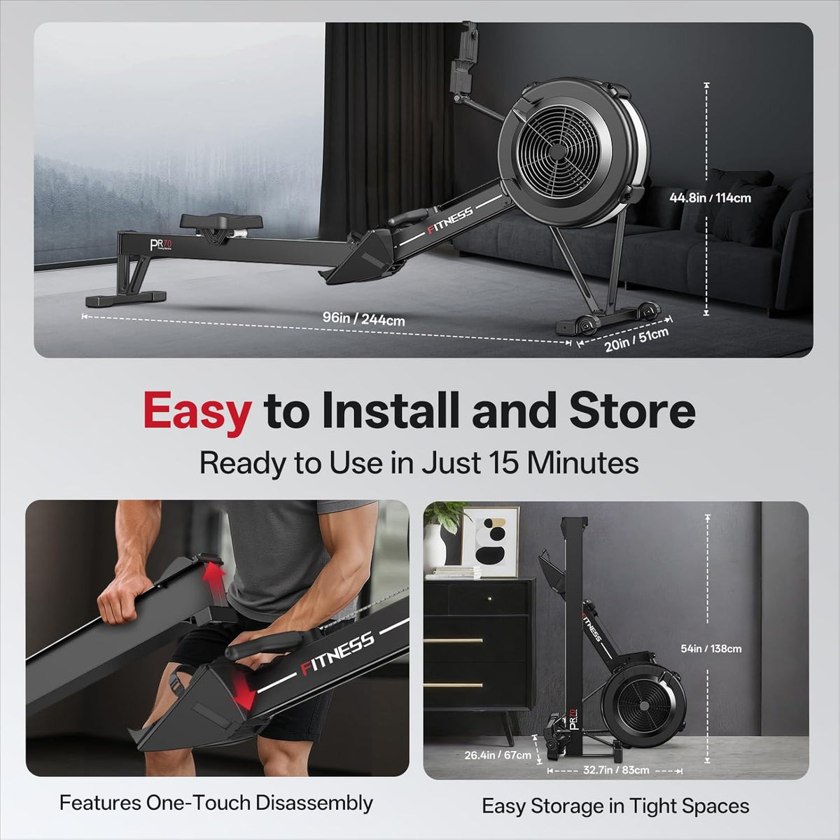PASYOU Rowing Machine, Air Resistance Rowing Machines for Home Use 10 Gears Adjustable, Super Silent Rowing Machine with Bluetooth & Smart Backlit Monitor (350LB Load Capacity) - QUORE