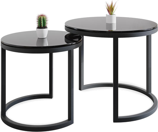 Modena, Set van 2 Salontafels van Gehard Glas en Staal, Handgemaakt in Europa, Bijzettafel, Koffietafel, Coffee Table, Zwart, Ronde, Ø50x43 cm / Ø40x38 cm
