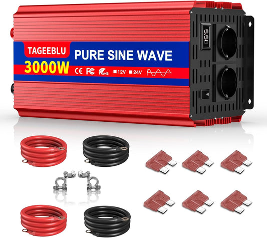 3000W Pure Sine Wave Inverter, 12V to 230V Car Power Inverter with EU Socket & LED Display - QUORE