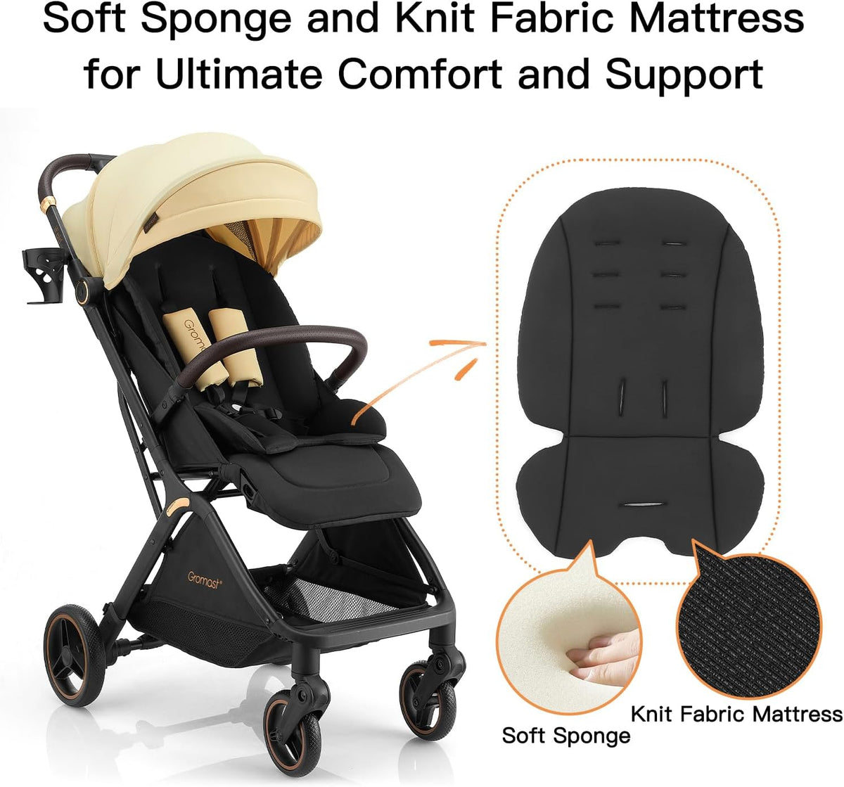 Gromast Gravity Opvouwbare babybuggy met verstelbare rugleuning en zonnedak, lichtgewicht en uv-bescherming, met één hand automatisch inklapbaar, beige