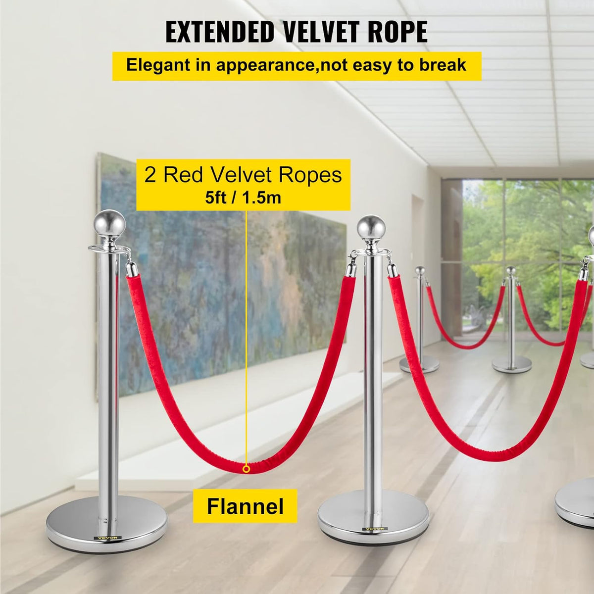 VEVOR Crowd Bar Crowd Control Barrier with Red Velvet Rope, 4 Pieces Silver Barriers with 1.5m Long Flannel Rope for Theatres, Hotels, Casinos, Events on the