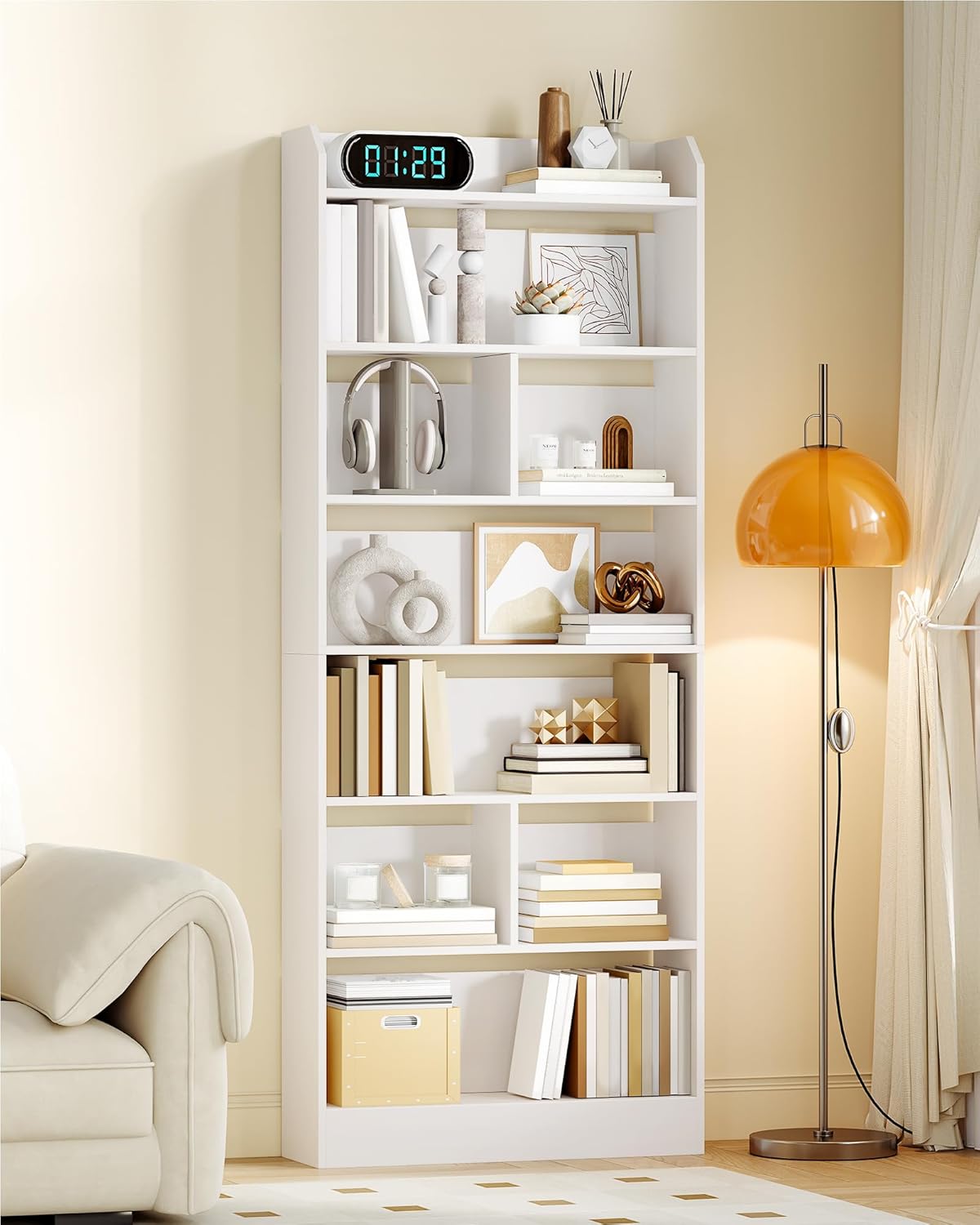 Hzuaneri Bookcase and Bookshelf with 7 Layers, Freestanding Display Organizer with 8 Divided Sections, for Home Office, Living Room and Bedroom, 24 x 60 x 199cm, White, BC11703X