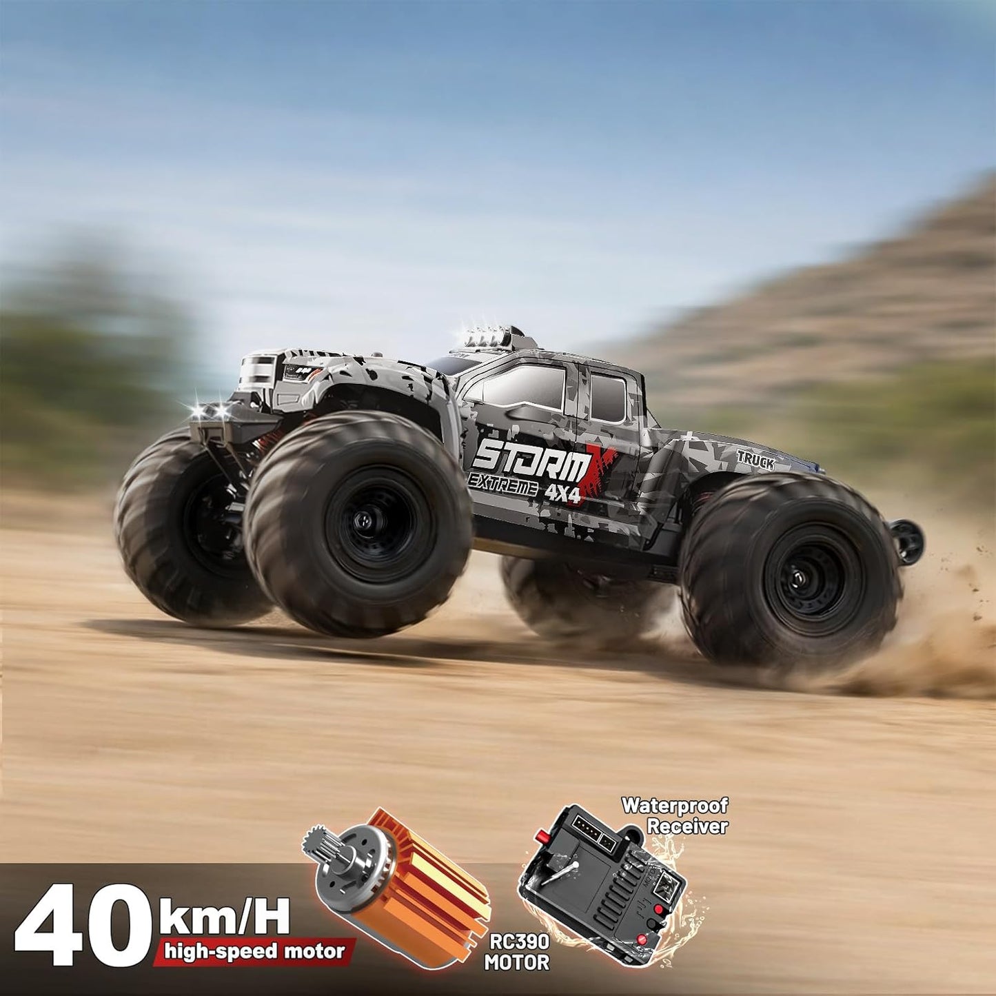 RC Auto 1:14 – RC Wagen – Radiografisch Bestuurbare Auto – Monstertruck – Offroad Voertuig – 4x4 Vierwielaandrijving – 40 km/u Snelheid – 2×1300mAh Batterijen & 2 Sets Banden