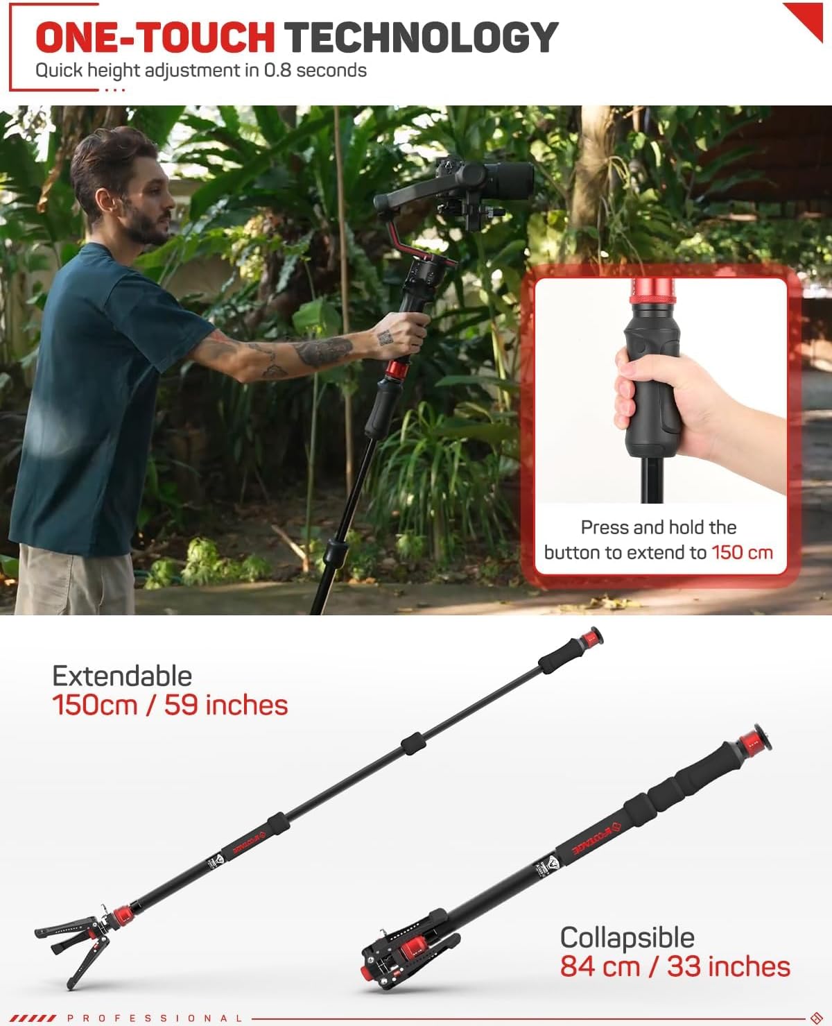 IFOOTAGE Cobra 3 Strike Monopod A150S-III met pedaalvergrendelingsbasis, hoogteverstelling in één stap, maximale belasting 5 kg, 150 cm