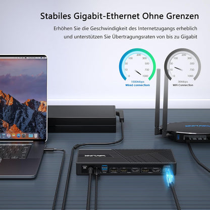 WAVLINK 15-in-1 DisplayLink Docking Station USB-C, Triple 4K monitoren (3X HDMI + 2x DP), 100W PD, 10 Gbit/s, Gigabit LAN, Audio/Mic, voor Windows & Mac (incl. M1/M2)