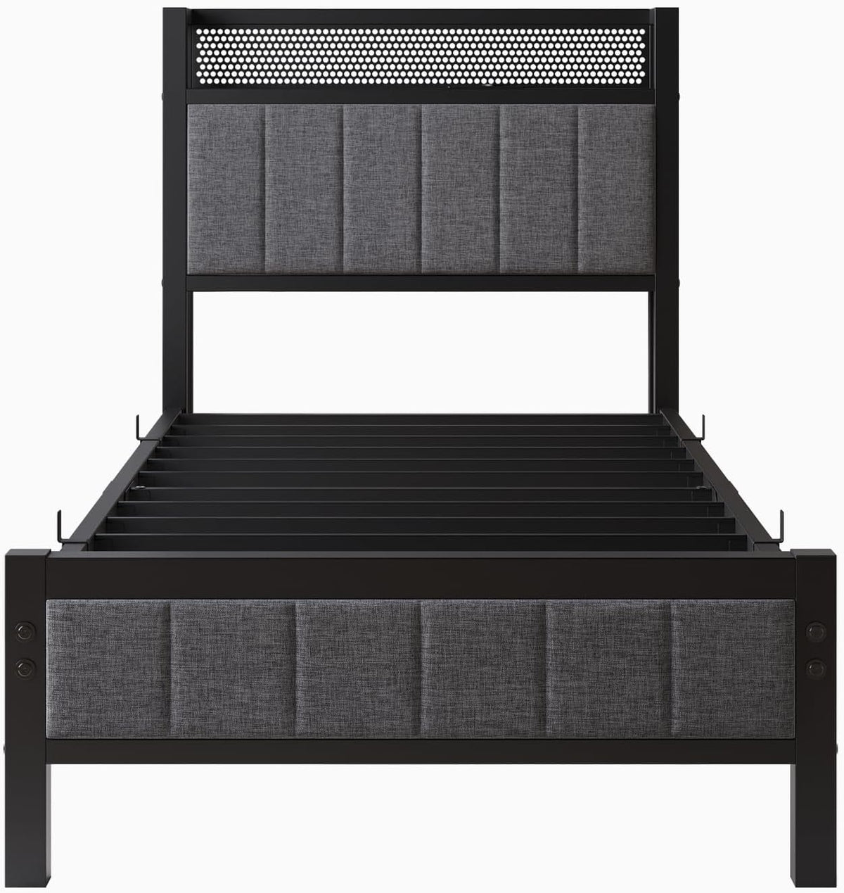Bedframe met laadstation, eenpersoonsbed, metalen bed, gestoffeerd bed, 90 x 200 cm, bedframe van metaal, jeugdbed met lattenbodem, hoofdeinde in grijs, voor slaapkamer en logeerkamer