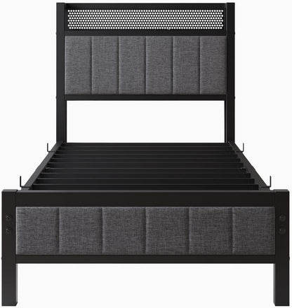 Bedframe met laadstation, eenpersoonsbed, metalen bed, gestoffeerd bed, 90 x 200 cm, bedframe van metaal, jeugdbed met lattenbodem, hoofdeinde in grijs, voor slaapkamer en logeerkamer