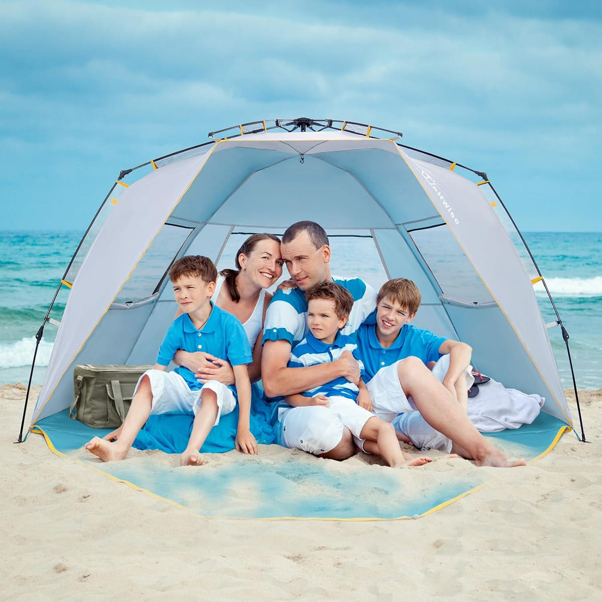 Wolfwise 4-5 Persoons Makkelijk Opzetten Strandtent UPF 50+ Draagbare Instant Zonwering Luifelparaplu met Verlengde Veranda met Ritssluiting, Blauw