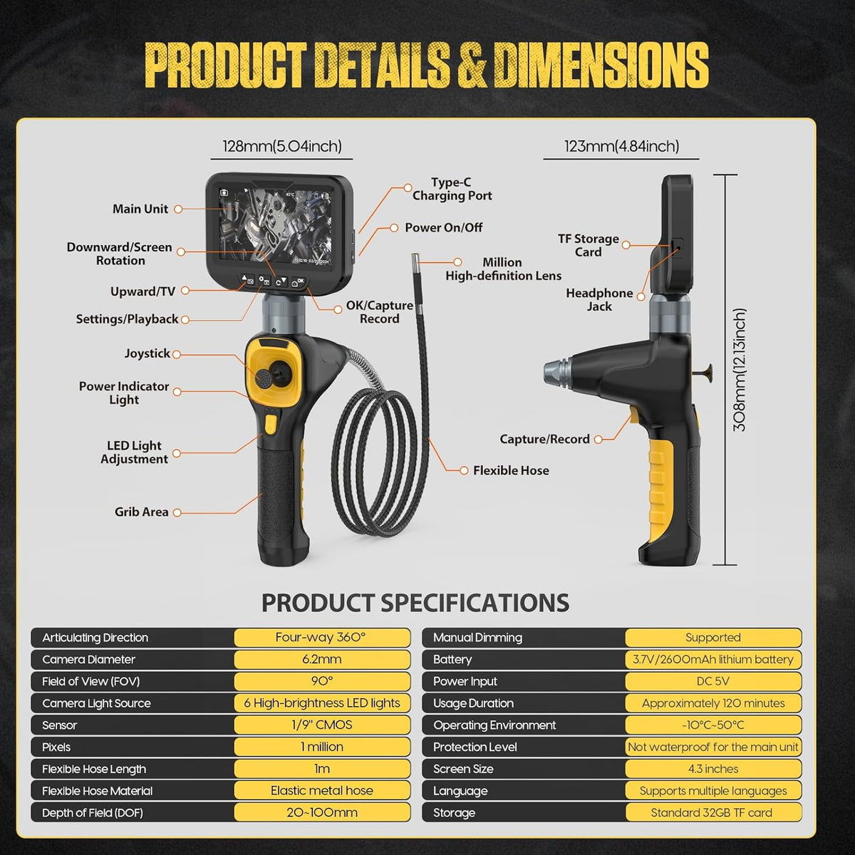 PLAYOCCAR 360° draaibare endoscoop, 4-weg endoscoop, verbeterde versie, waterdicht conform IP67, camera met scharnierende inspectiecamera, 12,7 cm (5 inch), 1080p (met 6 verstelbare ledlampen