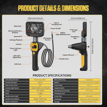PLAYOCCAR 360° draaibare endoscoop, 4-weg endoscoop, verbeterde versie, waterdicht conform IP67, camera met scharnierende inspectiecamera, 12,7 cm (5 inch), 1080p (met 6 verstelbare ledlampen