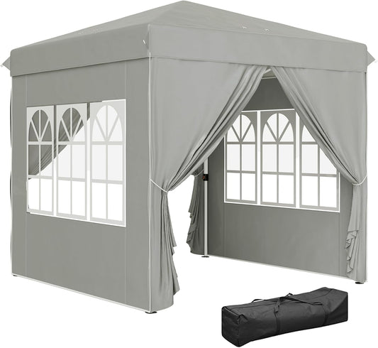 Outsunny Pavillon 2,5x2,5m, wasserabweisend Stabil Winterfest Pop-up Faltpavillon, UV Schutz 50+, Faltbar Partyzelt Gartenzelt mit 4 Seitenteilen Tasche Gartenpavillon für Camping Garten, Hellgrau - QUORE