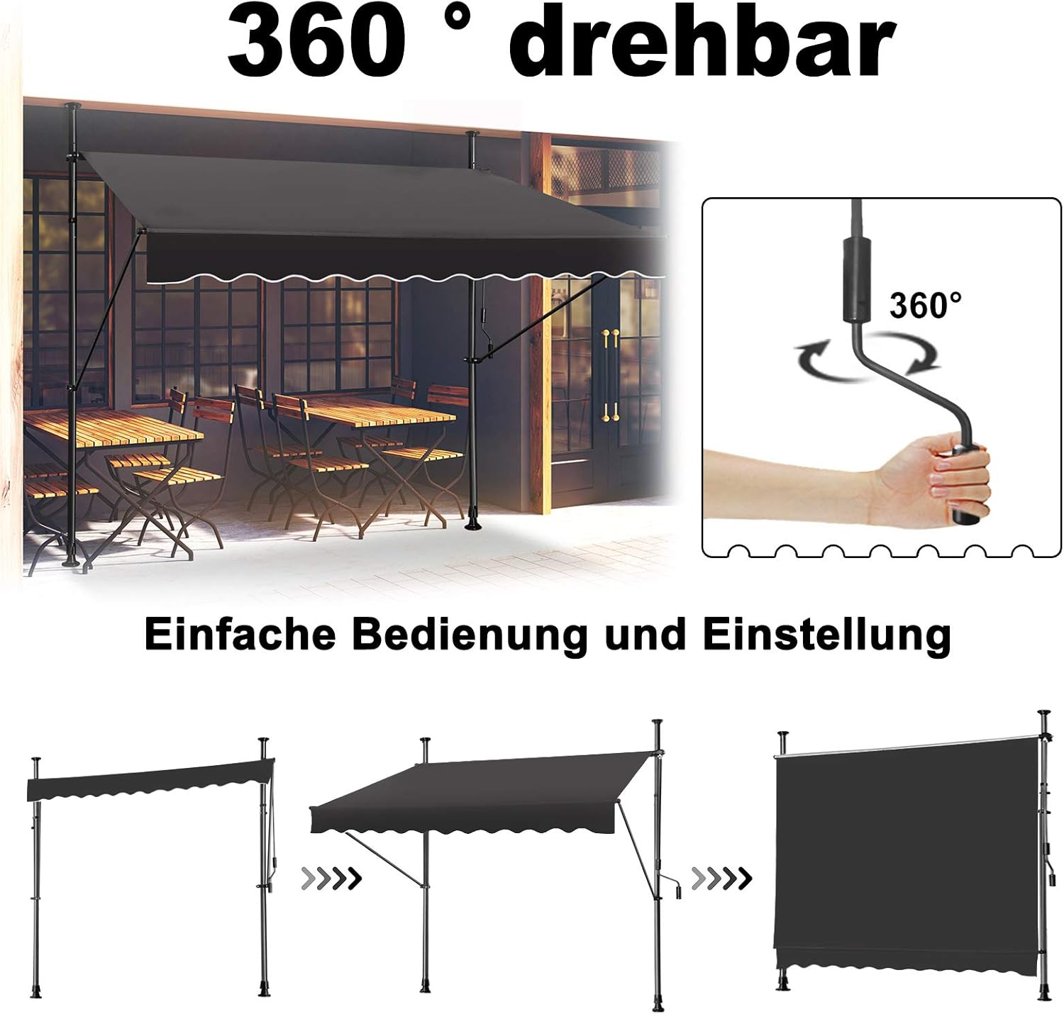 Klemluifel – Zonnescherm – Luifel – Balkonluifel – Overkapping – Verstelbaar 2-3m – Water- en UV-bestendig polyester – Zonder Boren te Bevestigen - QUORE