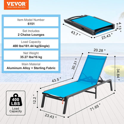 VEVOR Tuinligbed voor buiten, 2 stuks, inklapbaar, van aluminium, voor terras, met 5 verstelbare posities, volledig plat, voor strand, zwembad, outdoor, terras, blauw
