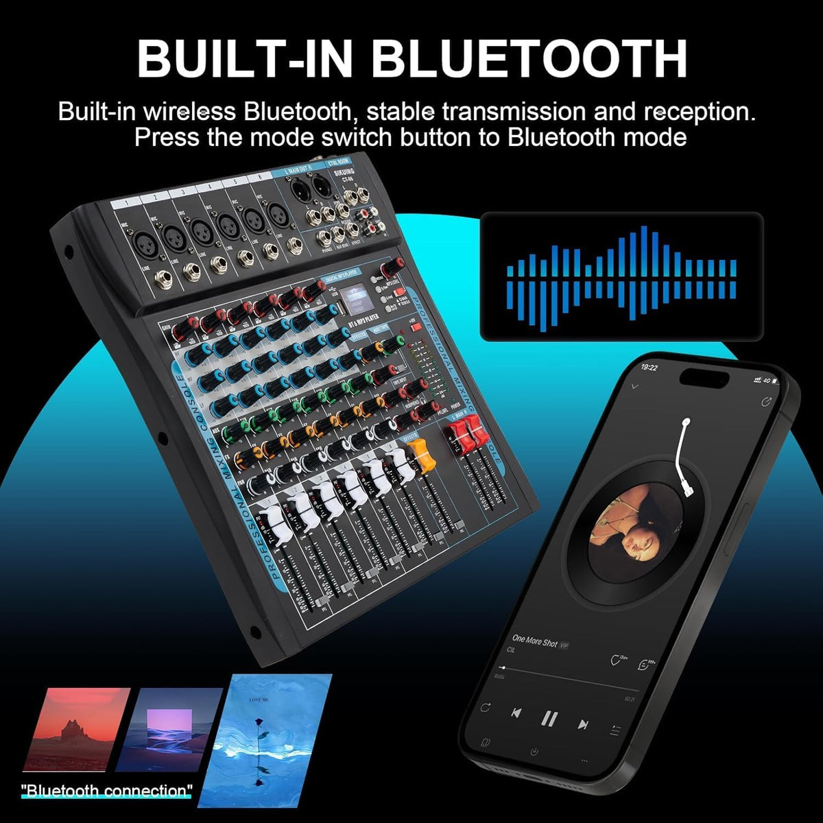 Audio Mixer – 6-Kanaals Mengpaneel – DJ-Mixer – Audiomixer – Mengtafel – 16 DSP-Effecten – USB/Bluetooth – 48V Fantoomvoeding