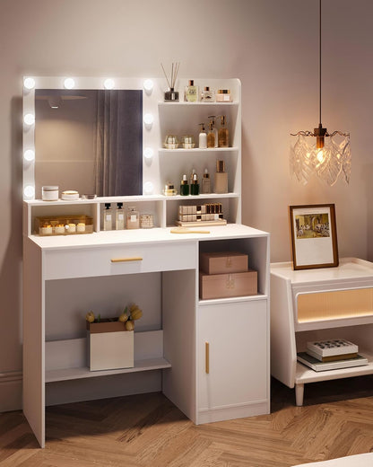 Hzuaneri Makeup Table with Mirror and 10 LED Lamps, Makeup Chest of Drawers with 3 Shelves and 4 Open Compartments, Large Drawer and Cabinet, 3 Adjustable Illumination Levels DT41303XEU