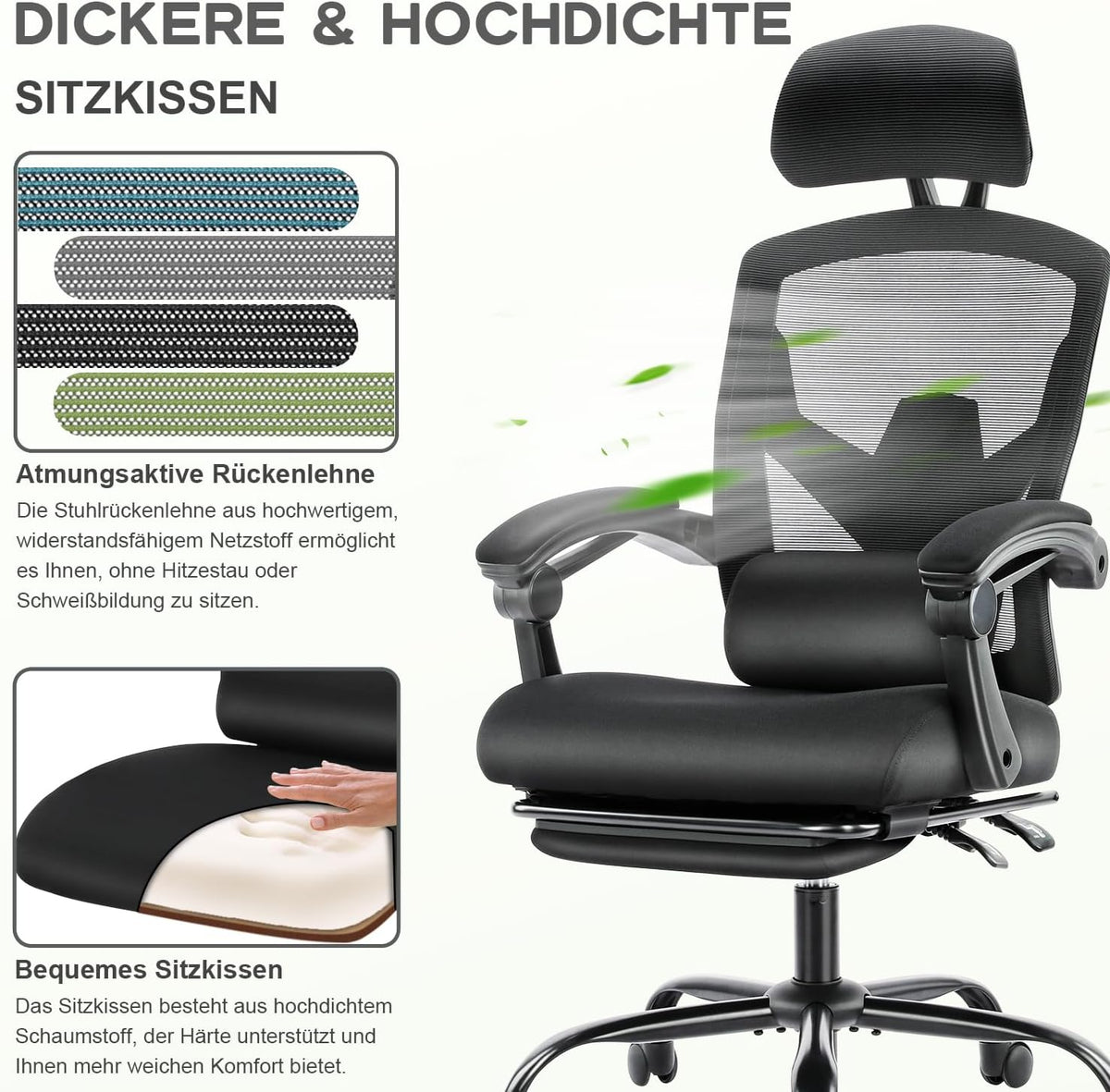 DUMOS Ergonomische bureaustoel, een bureaustoel met comfortabele armleuningen, uitgerust met een comfortabele lendensteun en voetensteun, geschikt voor thuis