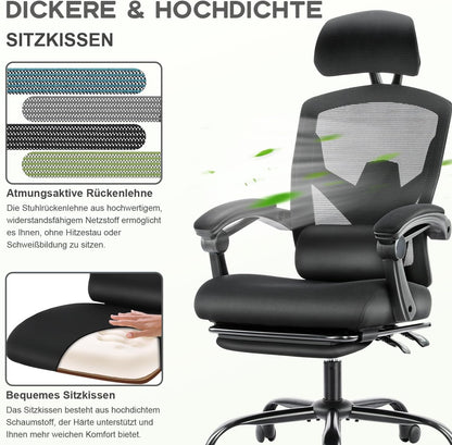 DUMOS Ergonomische bureaustoel, een bureaustoel met comfortabele armleuningen, uitgerust met een comfortabele lendensteun en voetensteun, geschikt voor thuis