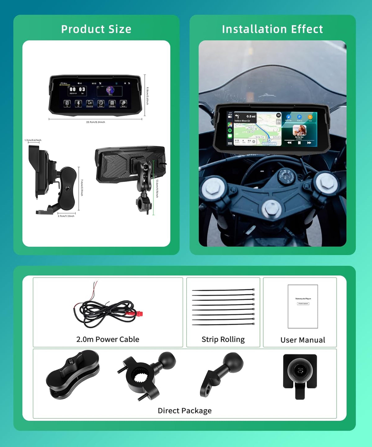 Motornavigatie, draadloos, CarPlay en Android auto via Moto, 6,86 inch HD touchscreen, GPS-navigatie, IP68 waterdicht, Bluetooth, EQ, Assistente Siri/GOO-gle, TPMS