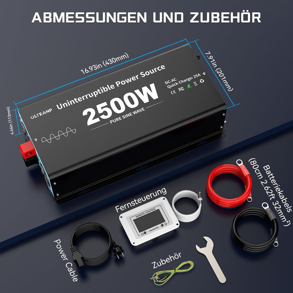 2500 W zuivere sinusomvormer met netprioriteitscircuit en laadfunctie en UPS-functie, spanningsomvormer 12 V tot 230 V, afstandsbediening met lcd-display