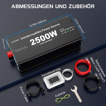2500 W zuivere sinusomvormer met netprioriteitscircuit en laadfunctie en UPS-functie, spanningsomvormer 12 V tot 230 V, afstandsbediening met lcd-display
