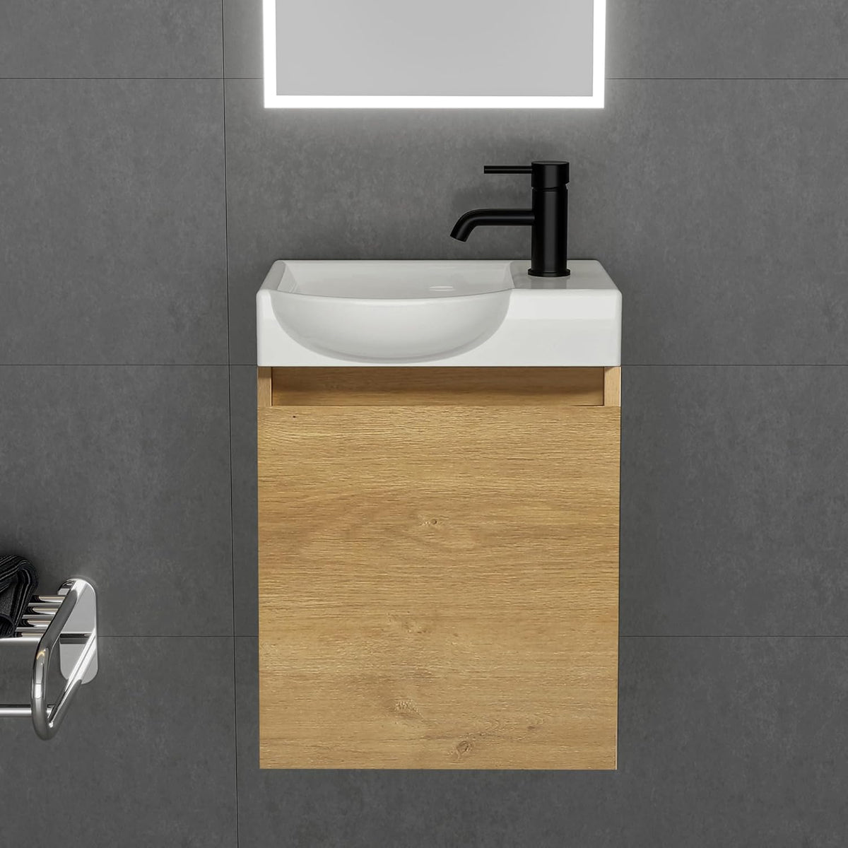 Alpenberger Bathroom Furniture Set, Guest Toilet Sink with Base Cabinet, Bathroom Cabinet for Small Bathrooms, LED Mirror with Light, Basin Cabinet Oak Nature + Left Sink - QUORE