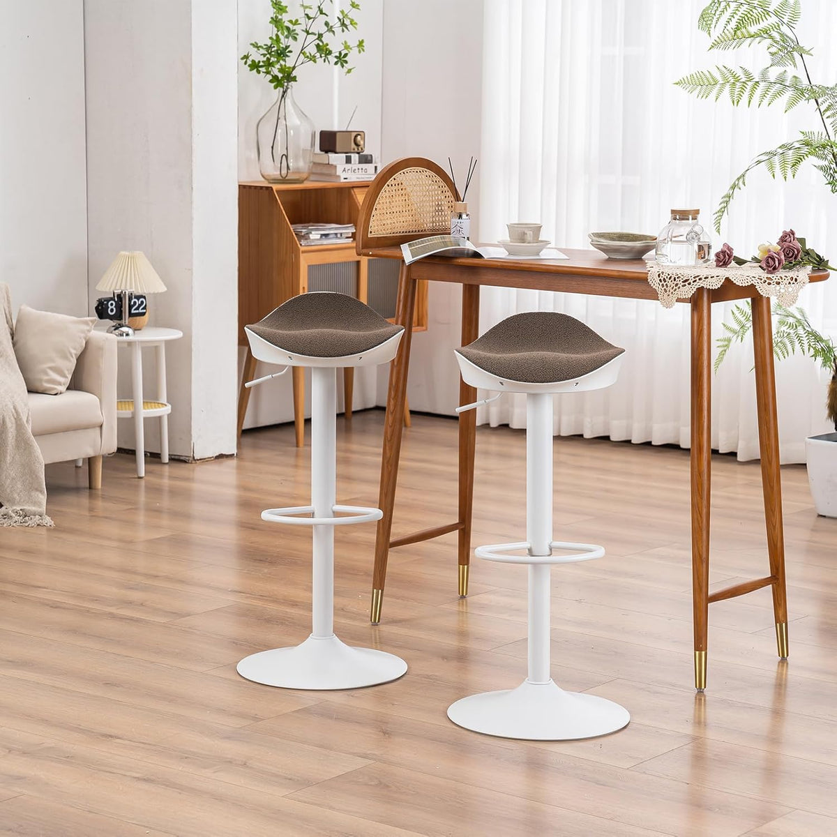 Kidol & Shellder Barkruk, eetkamerstoelen, set van 2, wit, bruin, fleece, teddy in hoogte verstelbaar, 360 graden van PU en metaal, voor huis, keuken, toonbank, bistro