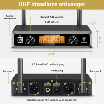 Draadloos Microfoonsysteem – Draadloze Microfoonset – Karaoke Microfoonset – Handmicrofoonset – UHF Microfoonsysteem – Set Van 2 Handmicrofoons Zilver En Rood – Tot 60 Meter Bereik – Metalen Behuizing