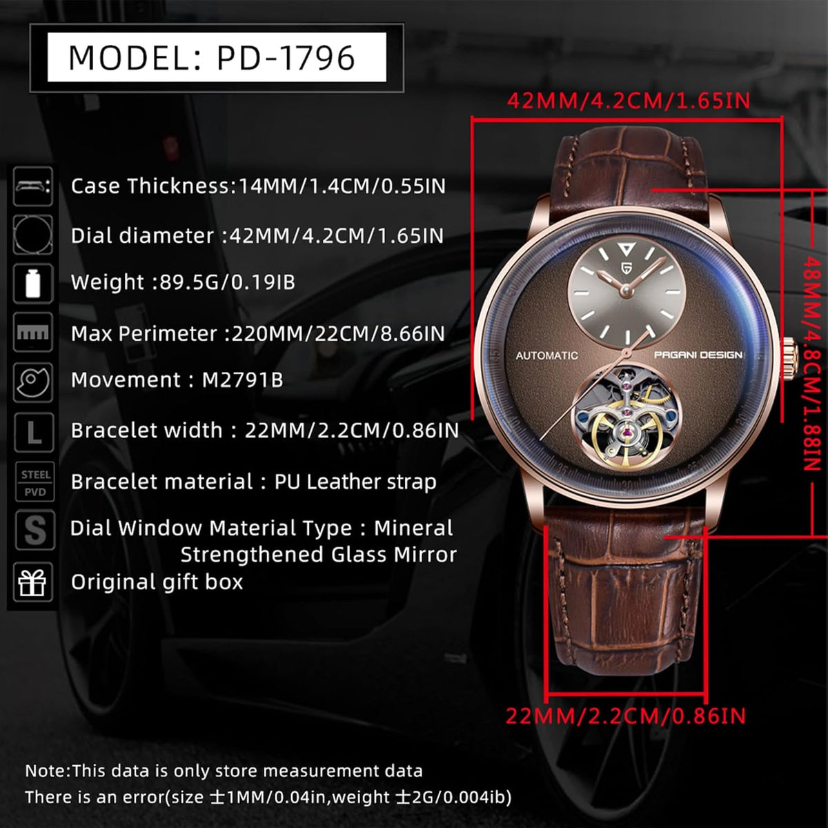 Pagani Design Herenhorloges, automatisch, waterdicht, analoog, individueel design, skelet, kleine lunette met PU-lederen band, elegante cadeaus voor mannen (lichtbruin), bruin