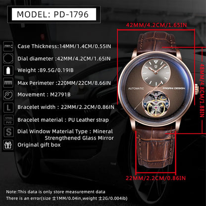 Pagani Design Herenhorloges, automatisch, waterdicht, analoog, individueel design, skelet, kleine lunette met PU-lederen band, elegante cadeaus voor mannen (lichtbruin), bruin