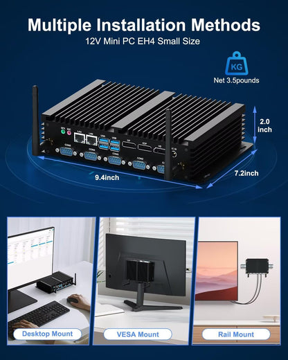 WEIDIAN Mini PC Industrial Fanless i5 8250U 8GB RAM 256GB SSD, Win11 Fanless Industrial Mini Desktop Computers 6xCOM(RS232+485), 4K 3xDisplays(HD+DP+EDP), 8USB, 2LAN, WiFi&BT Auto Power On - QUORE