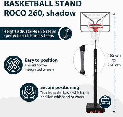 HUDORA RoCo Basketbalstandaard, in hoogte verstelbaar, opvouwbare basketbalkorf, geschikt voor binnen en buiten, voor kinderen en jongeren, basketbalmand met standaard, grijs