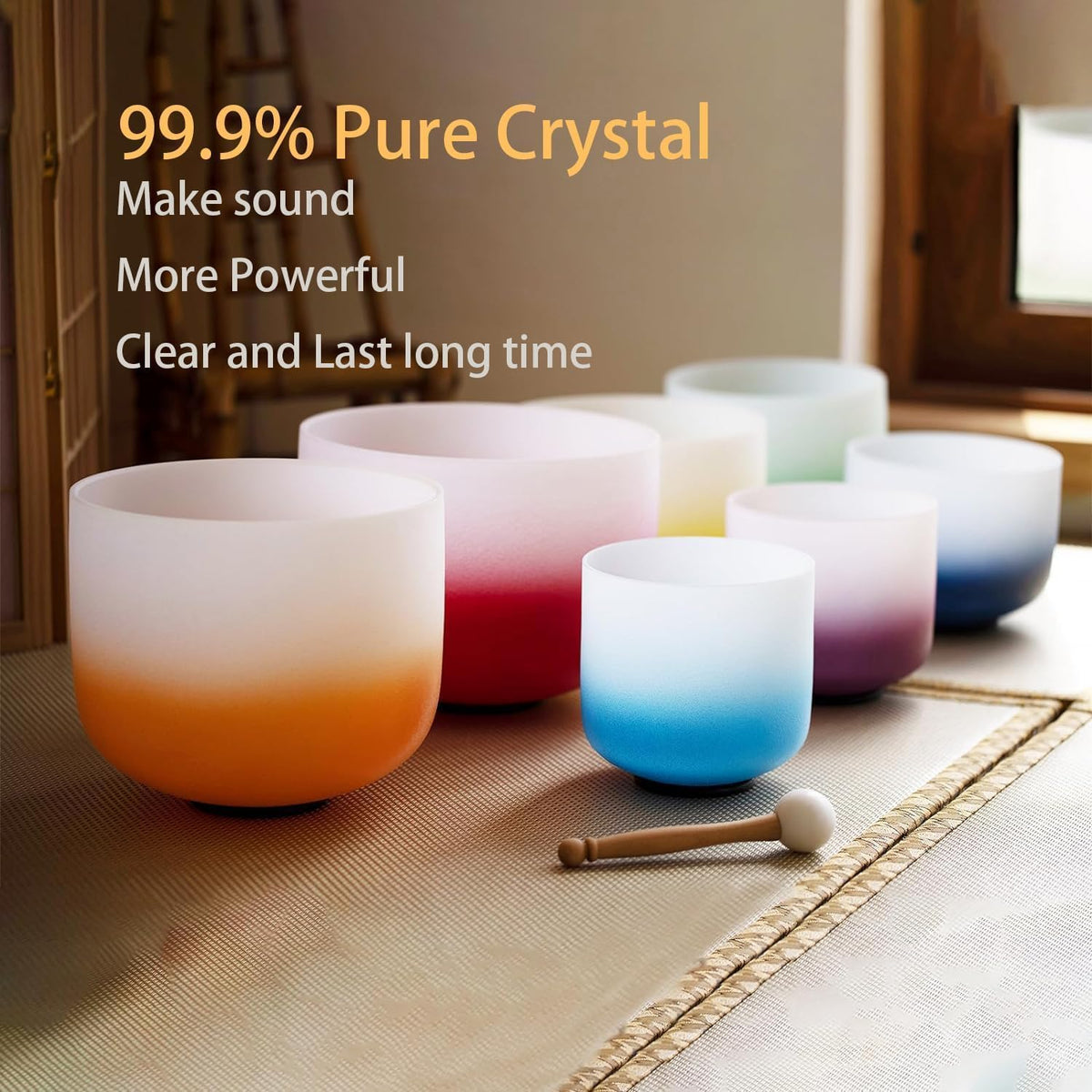 Hye-eun 432hz kleurverloop kristal klankschalen set 7 chakra's 7-12 inch Crystal Singing Bowl, meditatieset voor yoga, energiegenezing, diepteontspanning (incl. houten stokken, draagtassen)
