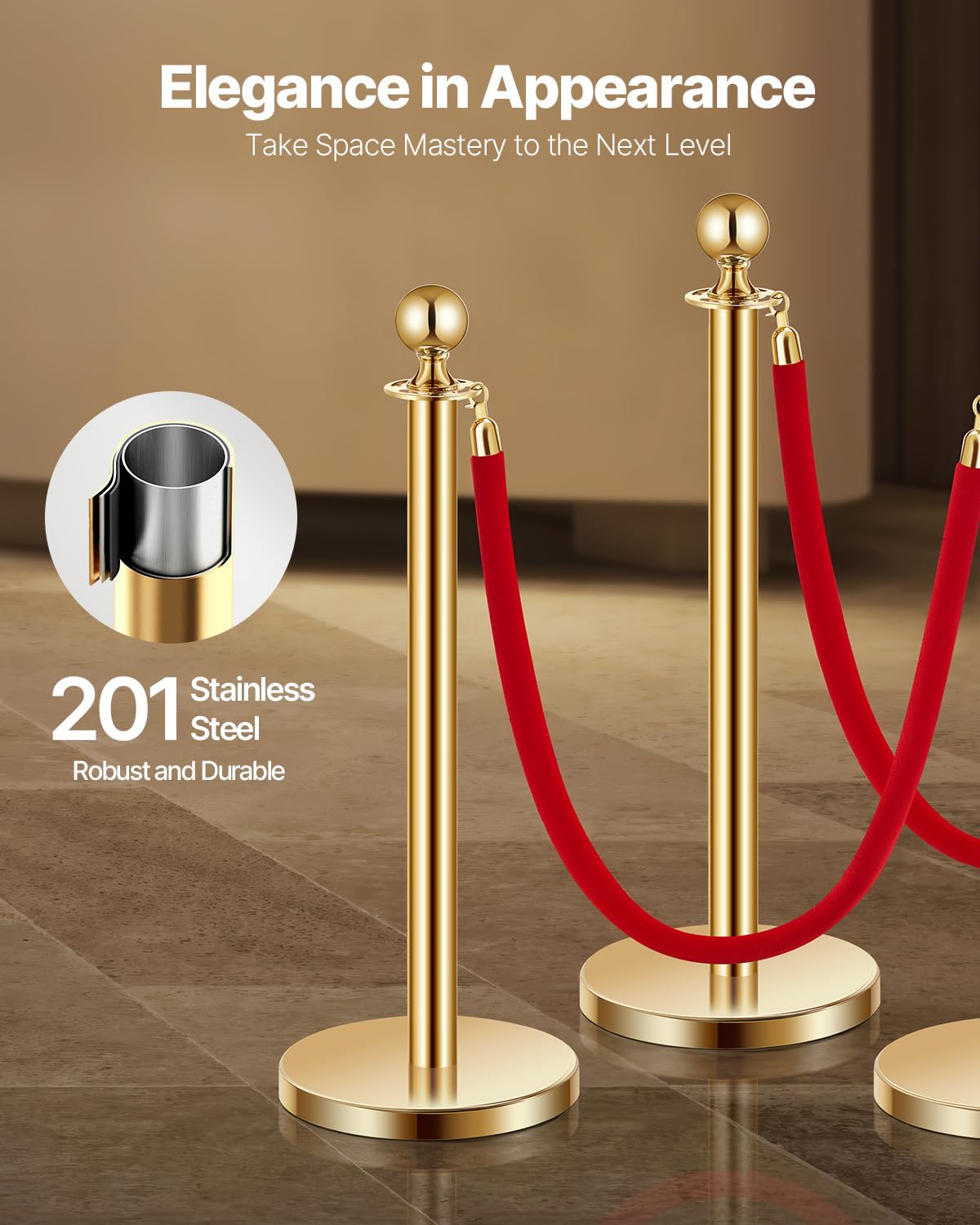 VEVOR Closing posts locking (6 pieces) for controlling crowds with 4 red velvet ropes (1.5 m long), stainless steel closing stand with refillable base for exhibitions gold