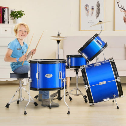 VEVOR 5-delige 40,6 cm Beginner Volledige Set met Bass Toms Snare Floor Verstelbare Troon Bekken Hi-Hat Pedaal en Twee Paar Drumsticks, Starter Drumkit voor Kind Kinderen, Blauw (SH-002-BL)
