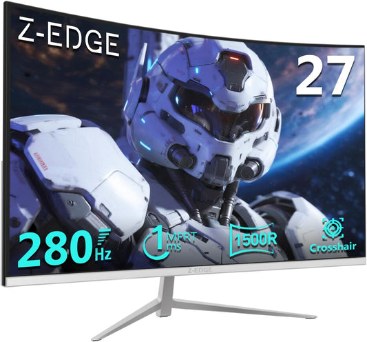 Z-Edge White Curved Gaming PC Display 27'' 280Hz (DP), 240Hz (HDMI), 1ms, FHD, FreeSync, White Gaming Monitor 16:9, Adjustable Tilt, 1500R, 2×HDMI2.0 & 2×DP1.2, 178° Viewing Angle(HDMI Cable Included)
