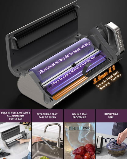 Mesliese Vacuüm Sealer Machine, 95kPa 140W Eenhand Operatie Voedsel Sealer, Dubbele Seal Strip met ingebouwde Cutter & Countdown Display, 2 Bag Rolls, 5 STKS Voorgesneden zakken, PULSE & Marineren