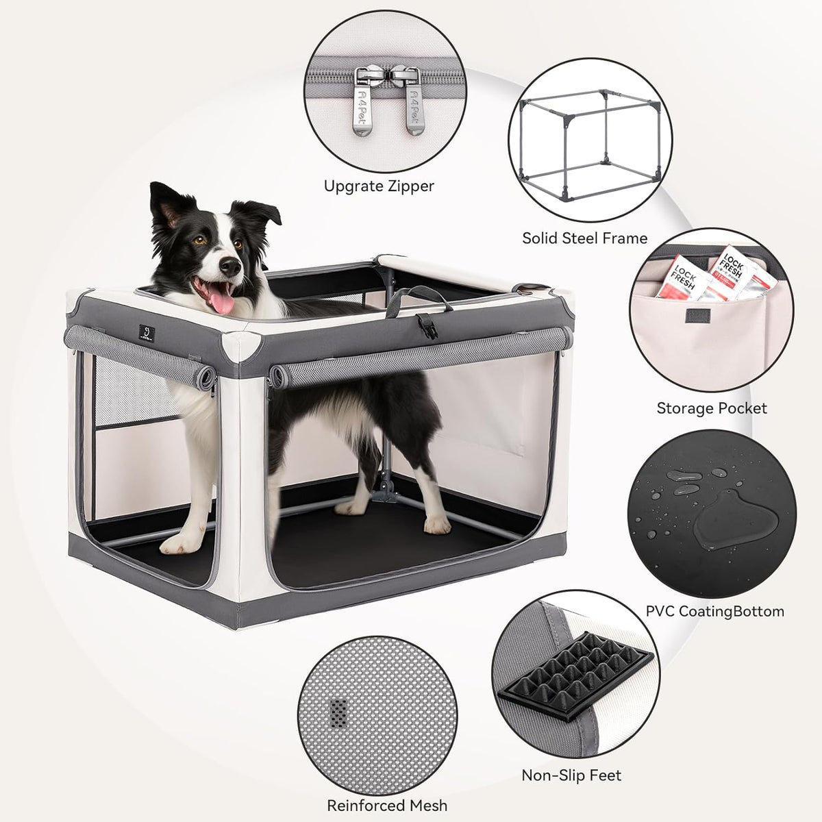 Hondenreiskrat met afsluitbare ritssluiting en gepatenteerd schroefframe, opvouwbare huisdierenkisten voor grote honden, waterdichte bodem, wasbare hoes, ideaal voor buiten, SUV, auto, camping, thuis