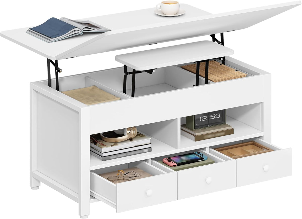 Hzuaneri Coffee Table, 3-in-1 Height Adjustable Folding Top Coffee Table, with 3 Drawers Large Storage Space, 100×50×47cm Extendable (100×63cm) for Living Room/Office, White CT22203W