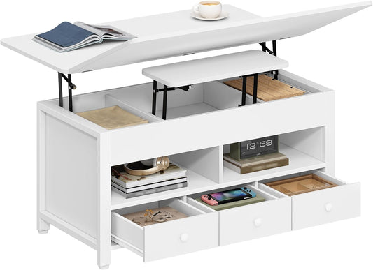 Hzuaneri Coffee Table, 3-in-1 Height Adjustable Folding Top Coffee Table, with 3 Drawers Large Storage Space, 100×50×47cm Extendable (100×63cm) for Living Room/Office, White CT22203W