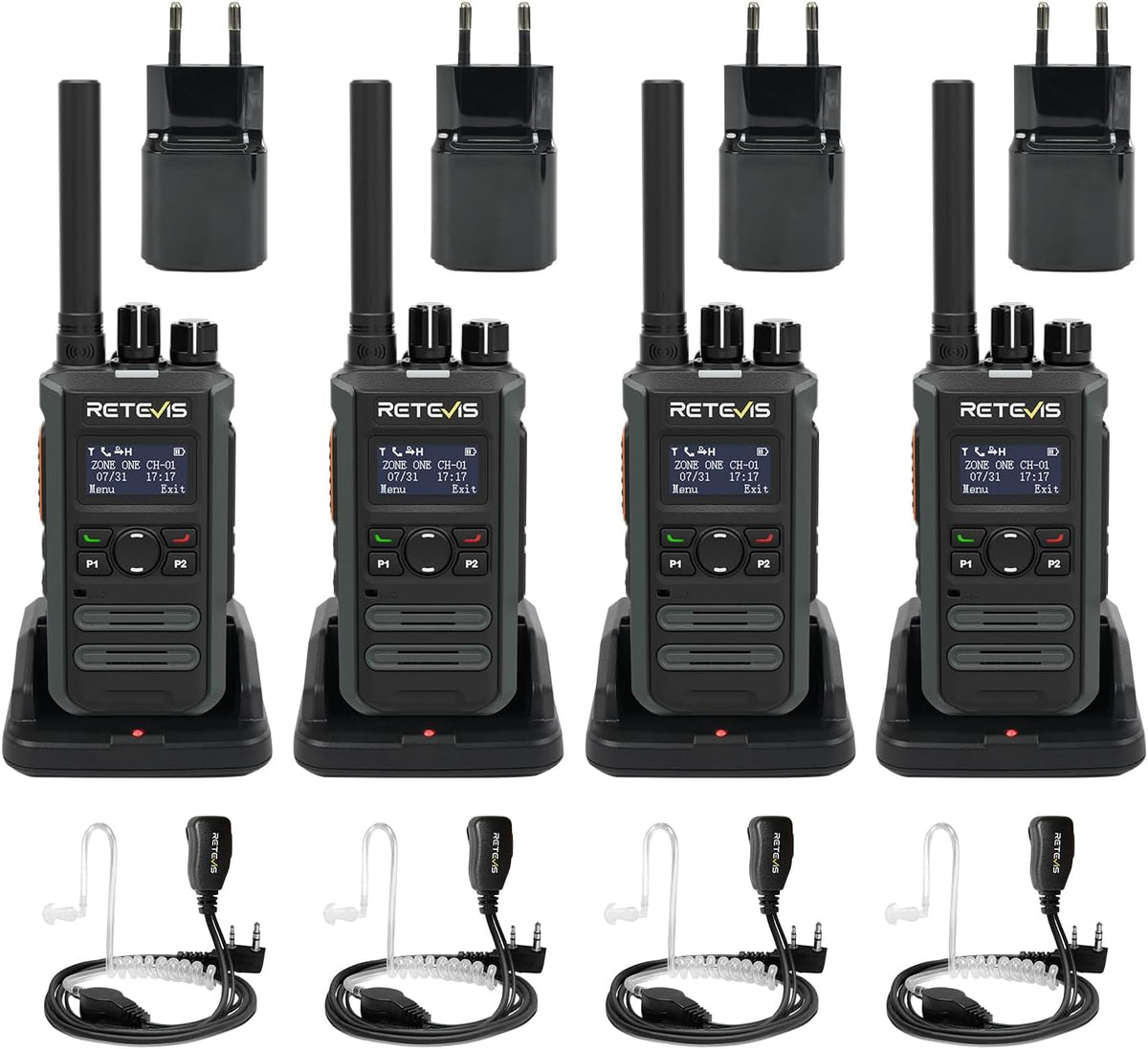 Retevis MateTalk P3 DMR Portofoon met Oordopjes, Snelladen, Portofoons met Groot Bereik, SMS, Groepsgesprekken, LCD-Scherm, Commerciële Digitale Portofoons voor Scholen (4 verpakkingen)