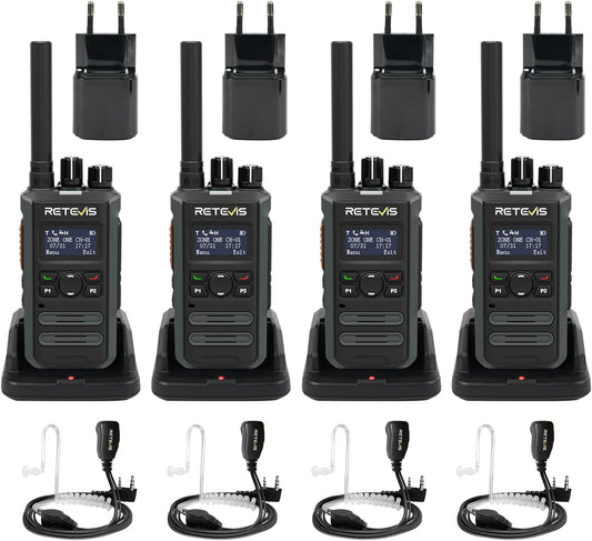 Retevis MateTalk P3 DMR Portofoon met Oordopjes, Snelladen, Portofoons met Groot Bereik, SMS, Groepsgesprekken, LCD-Scherm, Commerciële Digitale Portofoons voor Scholen (4 verpakkingen)