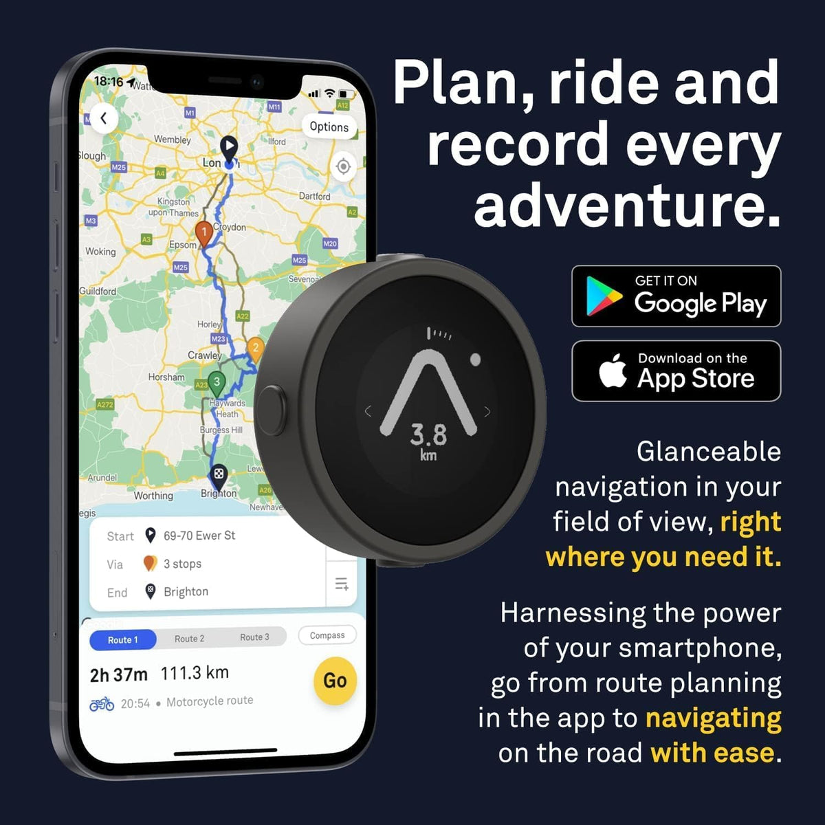 Beeline Moto GPS-computer - zilver | Wereldwijde routeplanning | Weerbestendig | USB opladen | satellietnavigatie voor motorfiets en scooter met riembevestiging