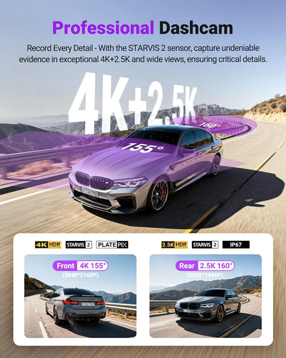 Dashcam – Autocamera – Dashboardcamera – Voor En Achter Camera – Dubbele Dashcam – 4K Voorcamera + 2.5K Achtercamera – ADAS/BSD, HDR Nachtzicht & 5 GHz Wifi, GPS