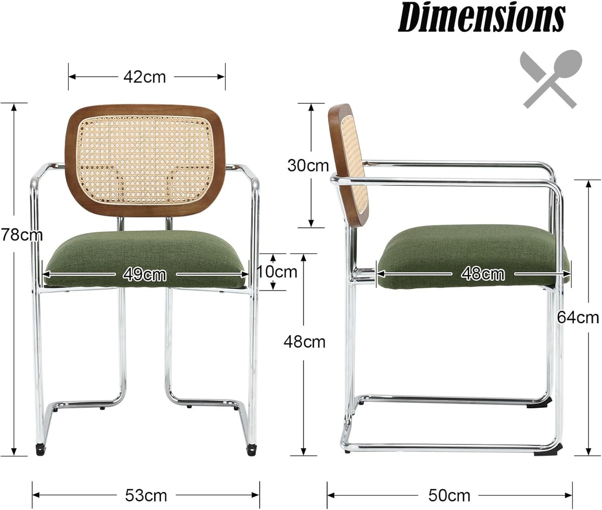 chairus Upholstered Dining Chairs Set of 2 Kitchen Accent Chairs with Rattan Backrest Modern Linen Armchair (Green) - QUORE