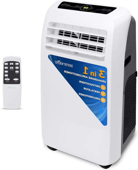 SereneLife Air Conditioner, 3-in-1 Portable Air Conditioner with Built-in Dehumidifier Function, Mobile Air Conditioner with Fan Mode, Remote Control, Complete Window Mount Exhaust Kit, 9,000 BTU, White - QUORE