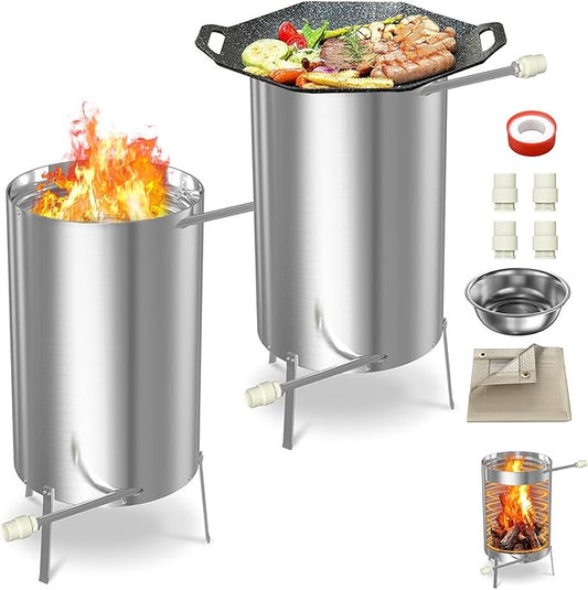 Zwembadverwarming – Pool Heater – Buitenverwarming – Vuurkorf – Houtverwarmer – Roestvrij Staal – 28 Liter – 2-in-1 Ø32/38 mm Aansluiting – Energiebesparend Met Hout Stoken – Veilig Met Asopvangbak
