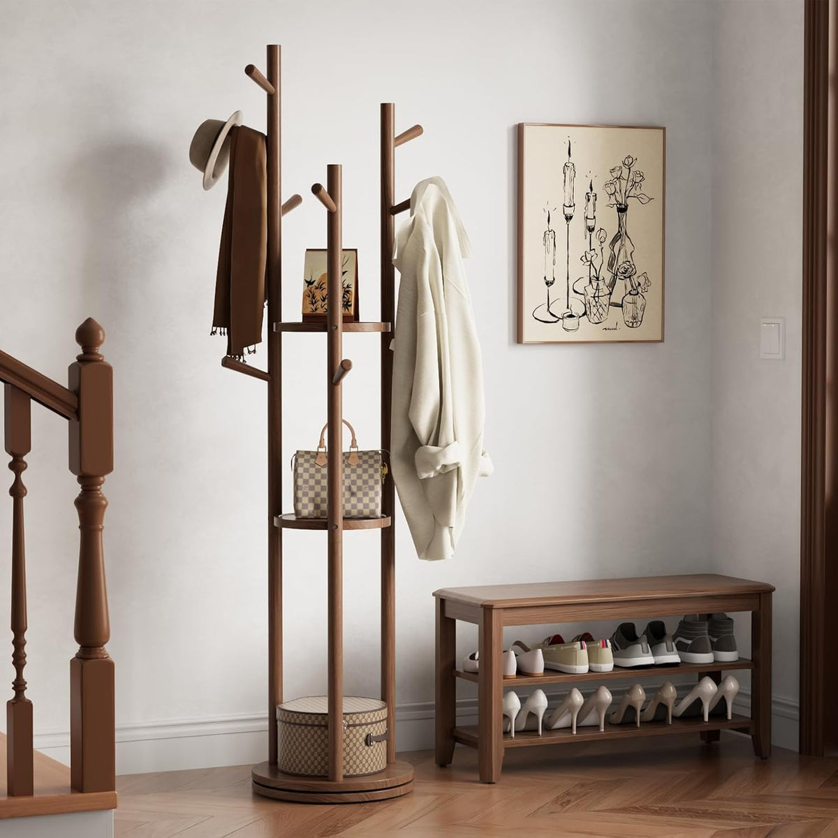AQIMUELE Kapstok, kledingstandaard, massief hout, draaibare jasstandaard met 3 legplanken en 9 haken, voor hal, slaapkamer (walnoot)