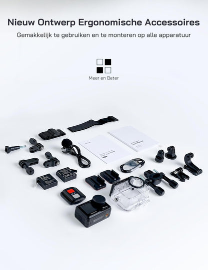 WOLFANG GA420 Actie Camera 4K 60FPS met touchscreen 24MP WiFi onderwatercamera, 10M kale waterdichte/40M waterdichte helmfietscamera met EIS, afstandsbediening, 2x1350mAh batterijen, accessoirekit